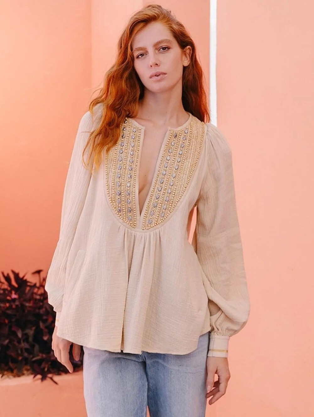Mes Demoiselles Paris Nidia Blouse Gauze Cotton Raffia Beaded Top NEW!